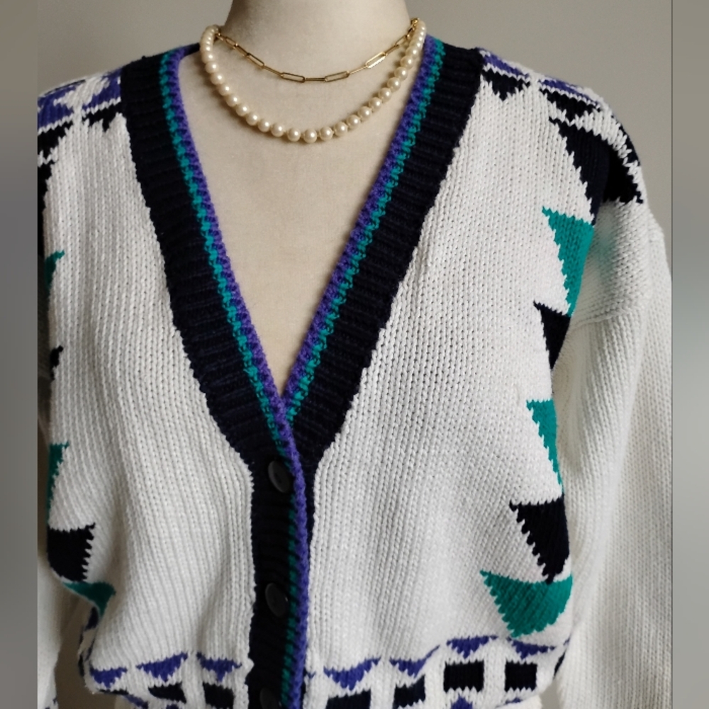 Extra Brand Vintage 80s Chunky Knit Southwestern Design Cropped Cardigan Medium - Picture 7 of 15